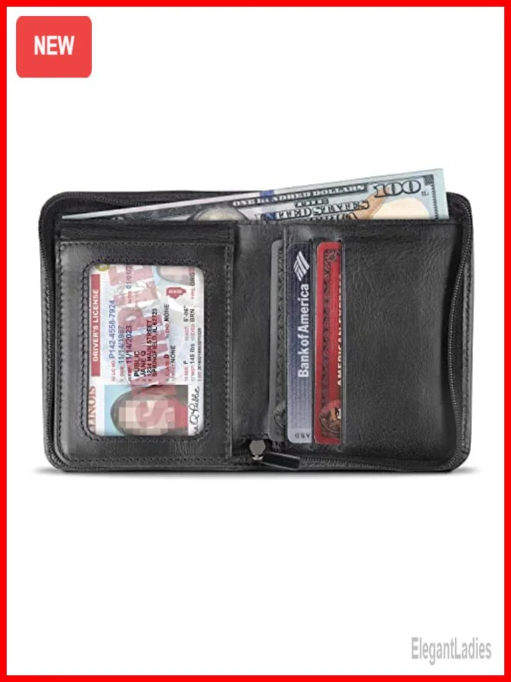RFID Blocking Zippered Bifold Wallet - Italian Cowhide Leather - Slim Travel